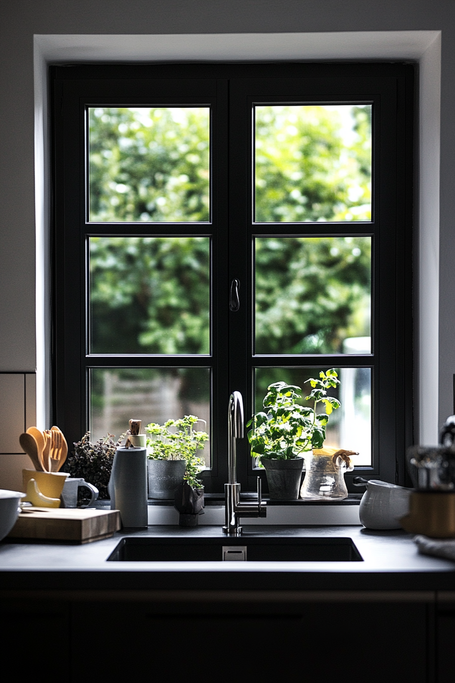 1. Modern Black-Framed Grid Window (Kitchen Window Ideas) - Kitchen Window Ideas