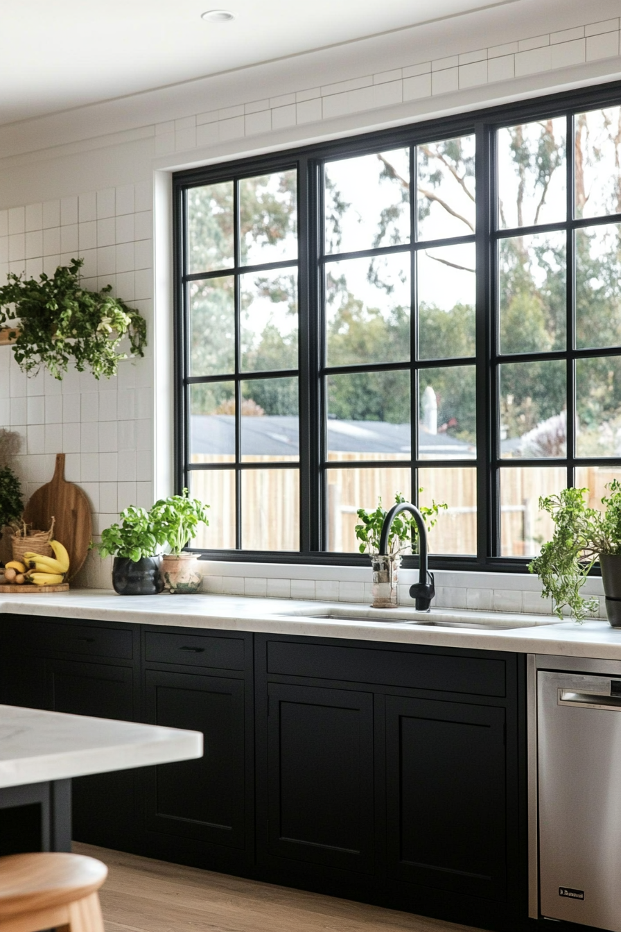 12. Crittall-Style Window with Matte Black Frames (Kitchen Window Ideas) - Kitchen Window Ideas