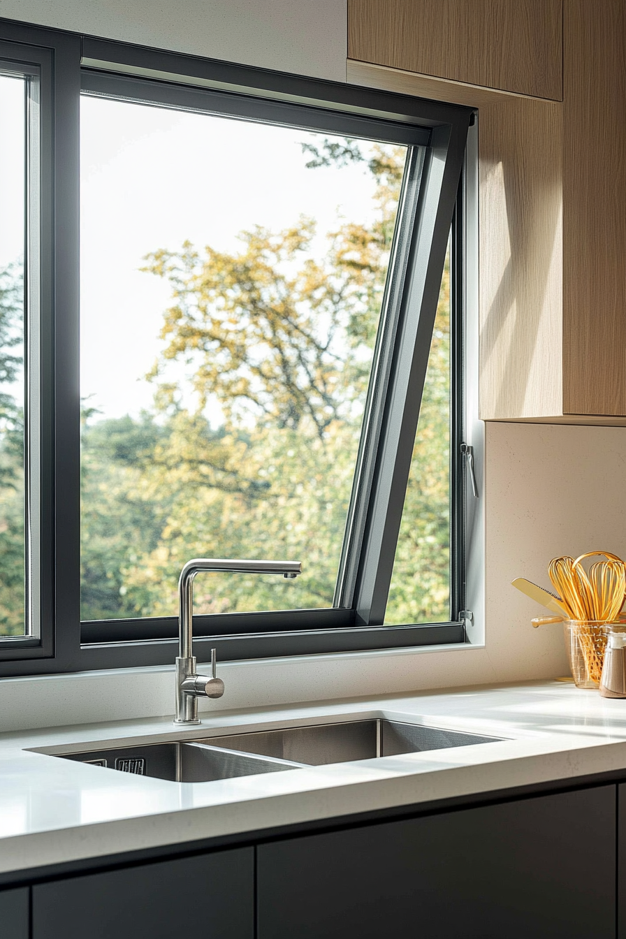 19. Matte Gray Pivot Window (Kitchen Window Ideas) - Kitchen Window Ideas