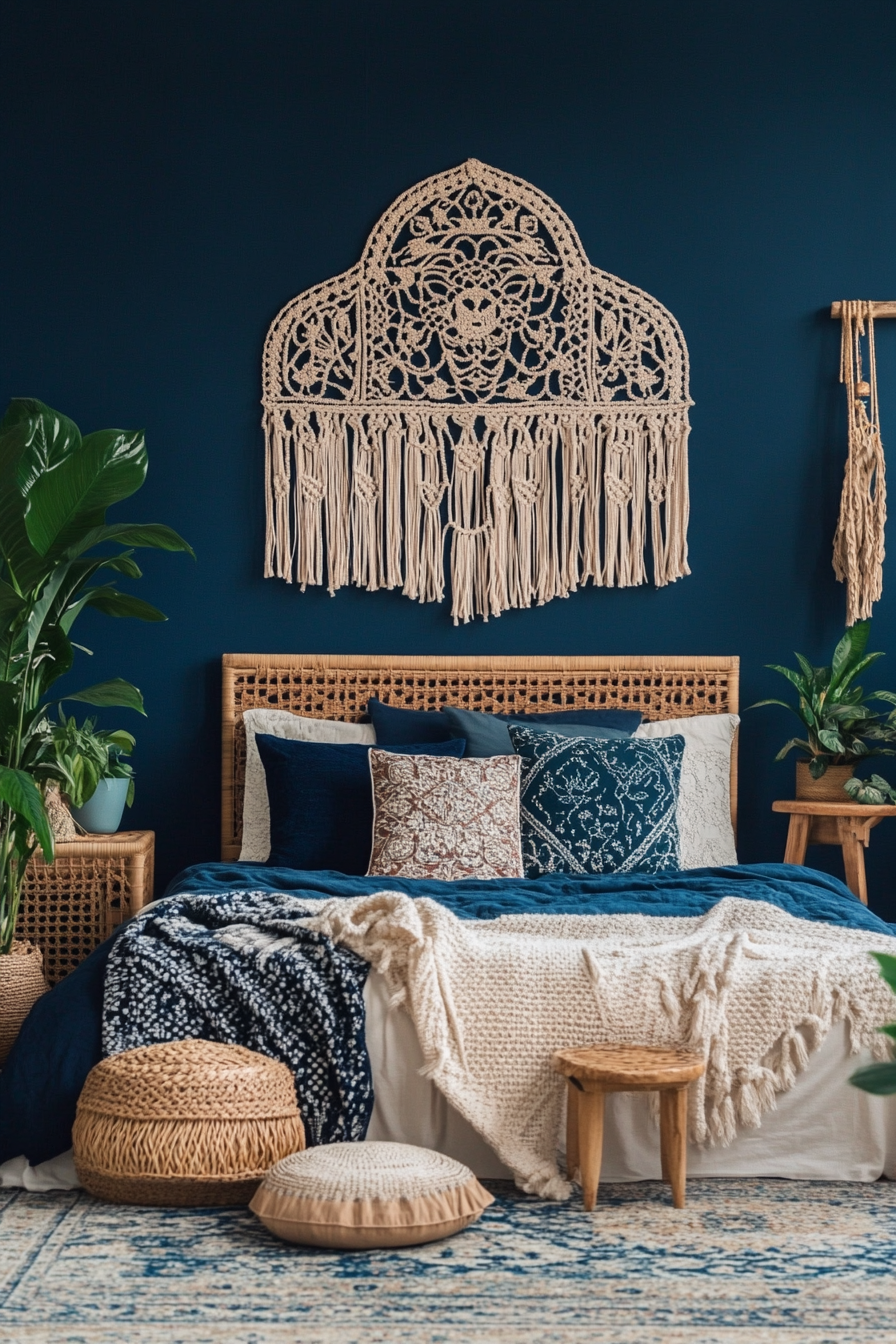3. Bohemian Indigo Retreat (Dark Blue Bedroom Ideas) - Dark Blue Bedroom Ideas