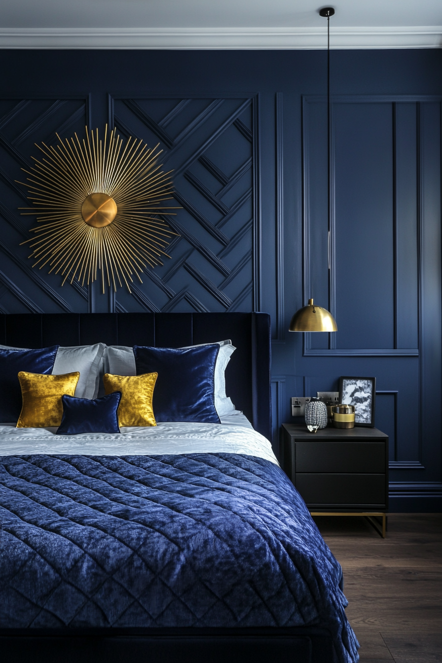 5. Art Deco Sapphire Chic (Dark Blue Bedroom Ideas) - Dark Blue Bedroom Ideas