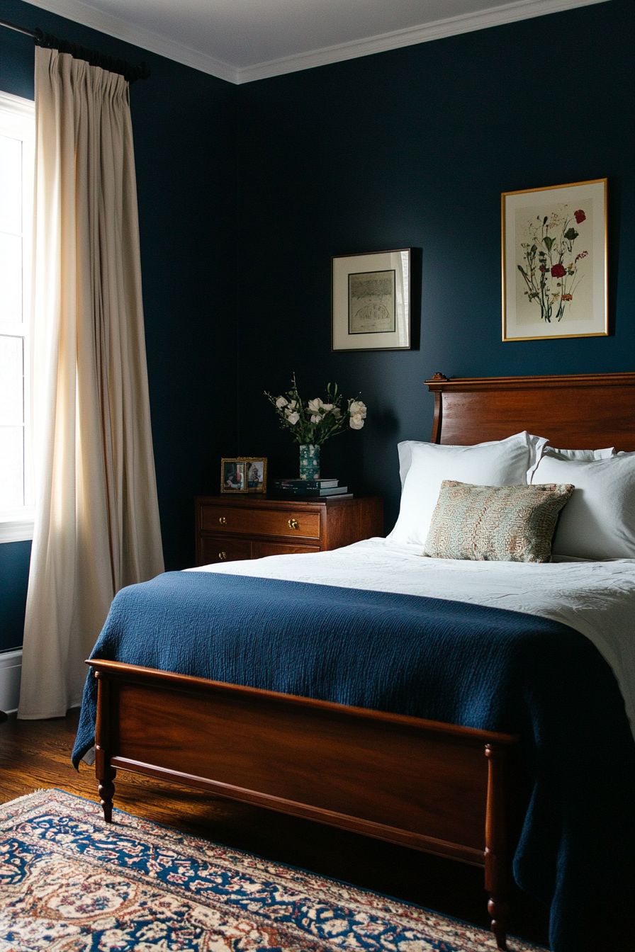 10. Sophisticated Blue and Walnut Harmony (Dark Blue Bedroom Ideas) - Dark Blue Bedroom Ideas