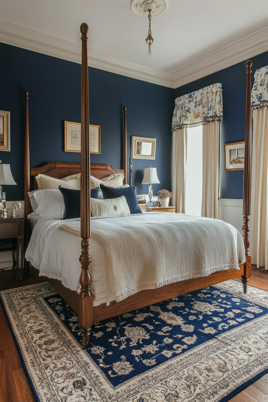 14. Classic Blue and Ivory Charm (Dark Blue Bedroom Ideas) - Dark Blue Bedroom Ideas