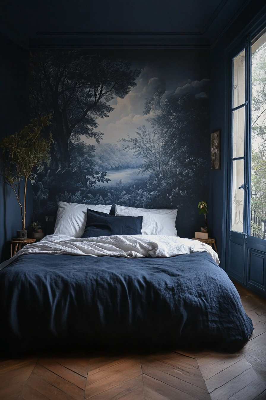 18. Nature-Inspired Deep Blue Forest (Dark Blue Bedroom Ideas) - Dark Blue Bedroom Ideas