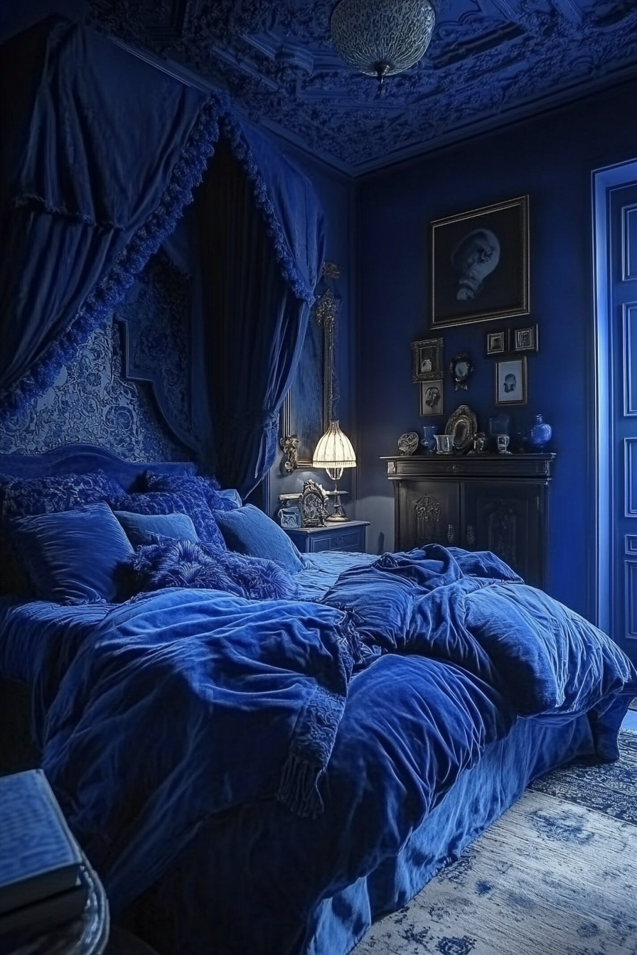 24. Moody Blue Velvet Retreat (Dark Blue Bedroom Ideas) - Dark Blue Bedroom Ideas