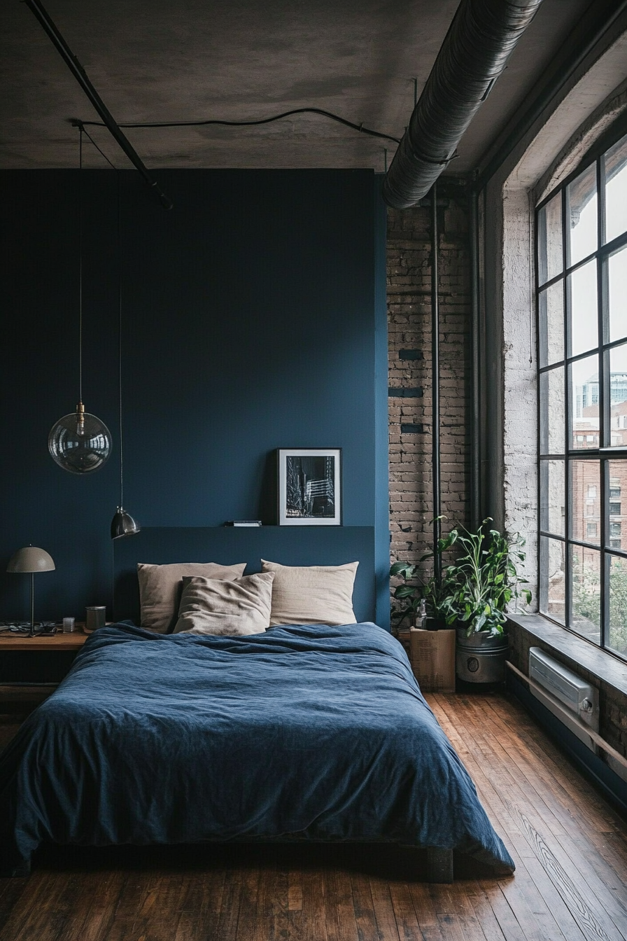 25. Industrial-Chic Blue Loft (Dark Blue Bedroom Ideas) - Dark Blue Bedroom Ideas