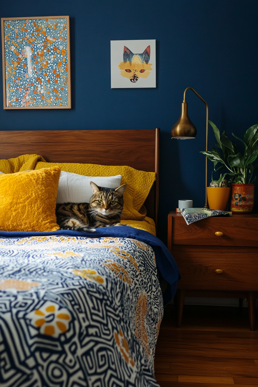 27. Cobalt and Mustard Revival (Dark Blue Bedroom Ideas) - Dark Blue Bedroom Ideas