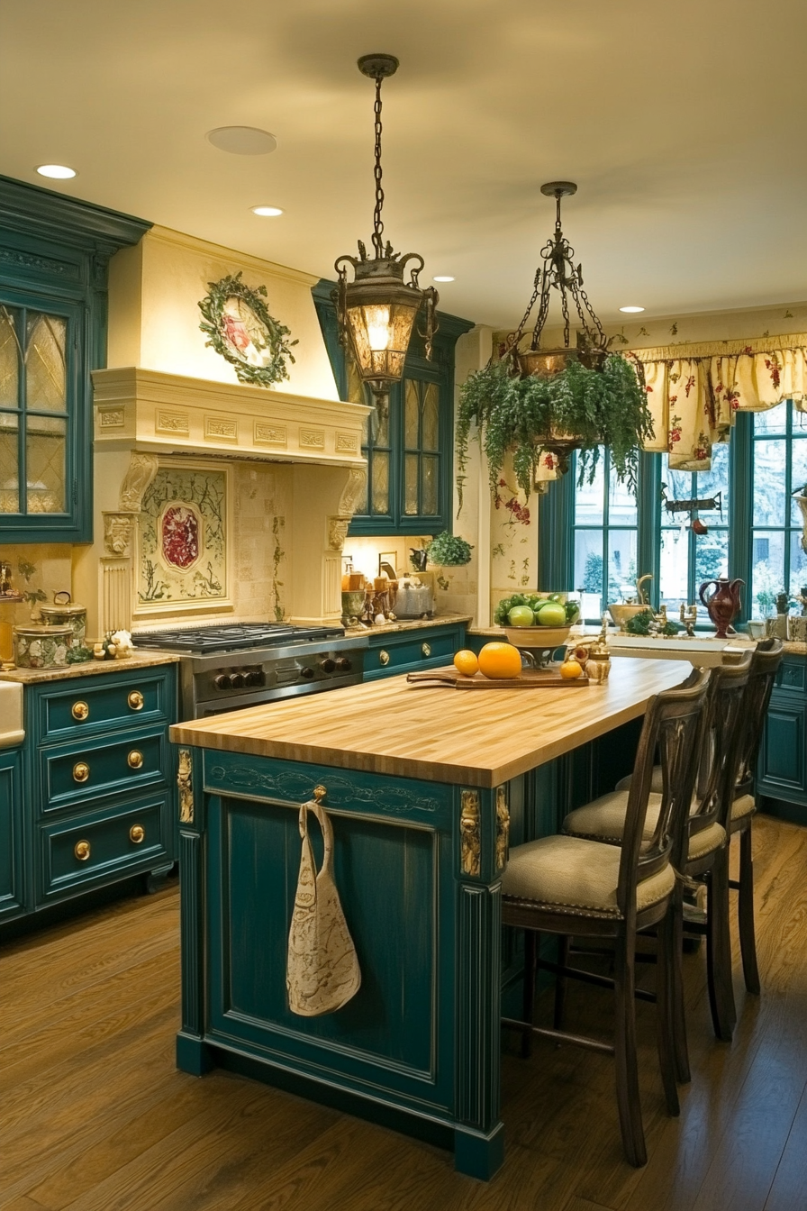 14. Emerald and Cream Elegance (Victorian Style Kitchen Ideas) - Victorian Style Kitchen Ideas