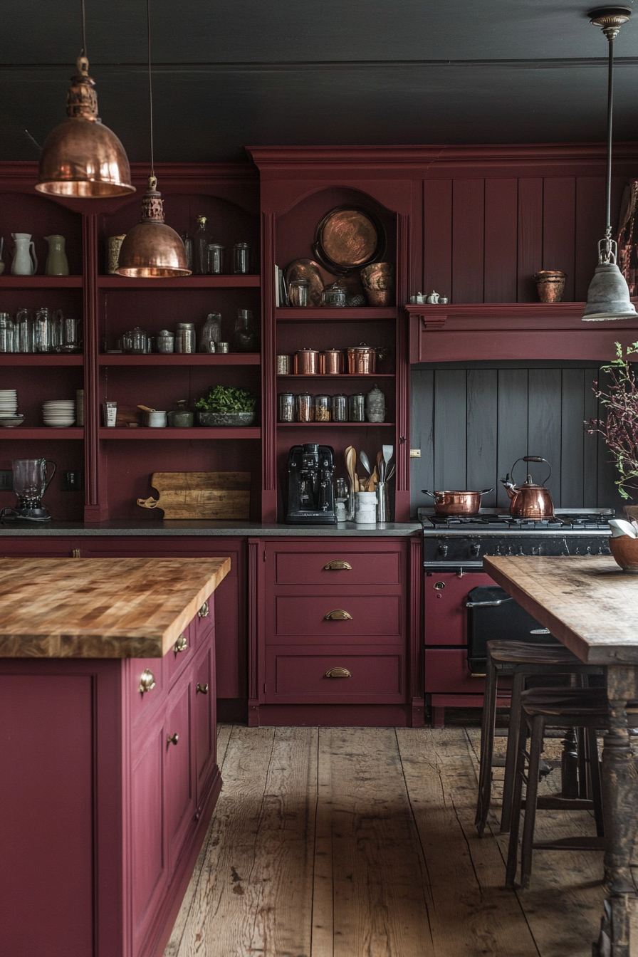 21. Burgundy and Oak Splendor (Victorian Style Kitchen Ideas) - Victorian Style Kitchen Ideas
