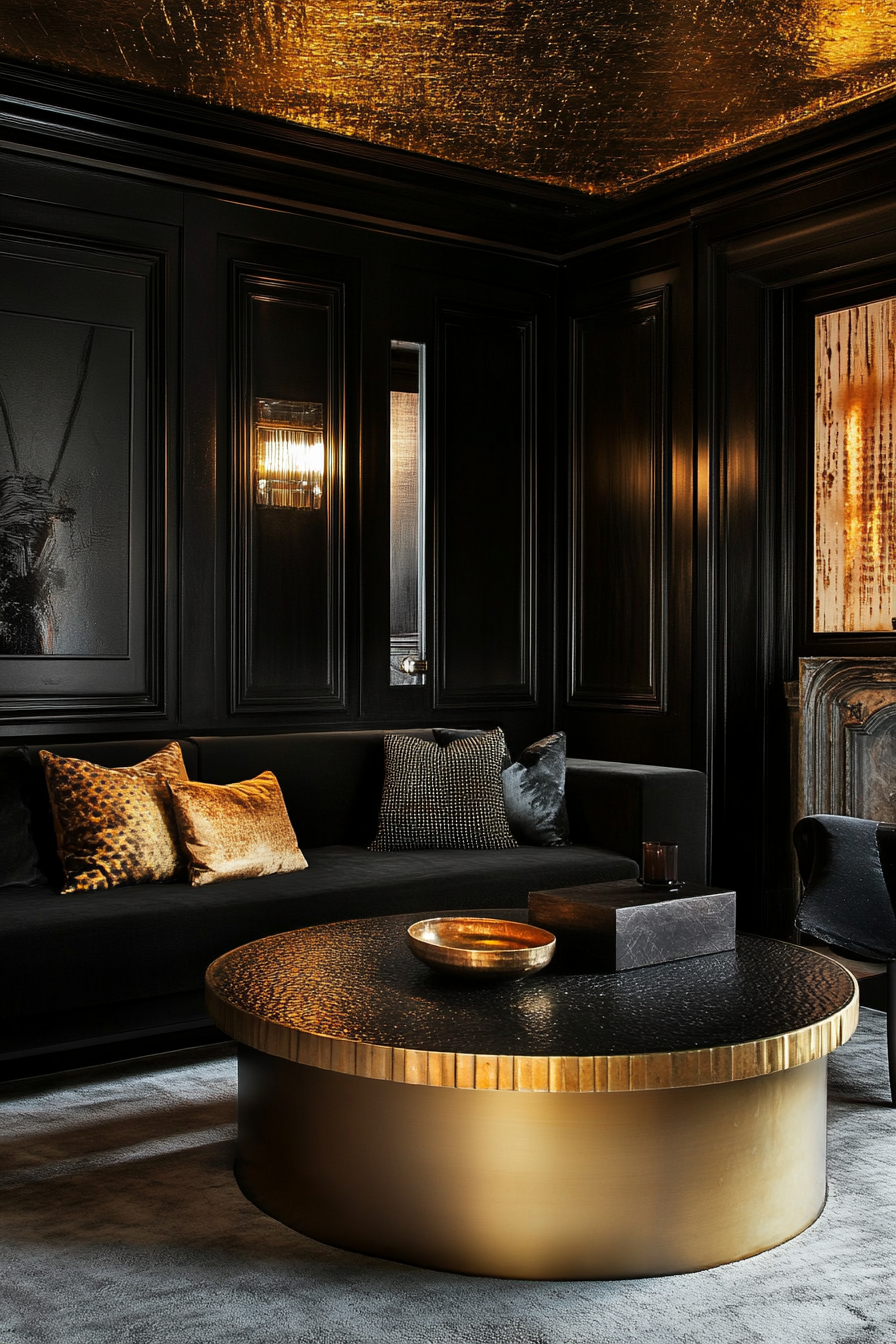 12. Gold-Trimmed Black Paneling (Black And Gold Living Room Ideas) - Black And Gold Living Room Ideas