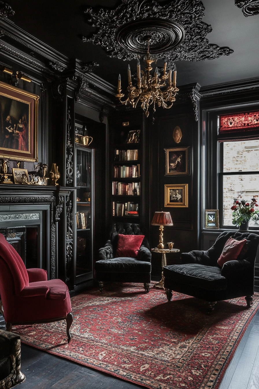 5. Gothic Revival Charm (Black Living Room Ideas) - Black Living Room Ideas