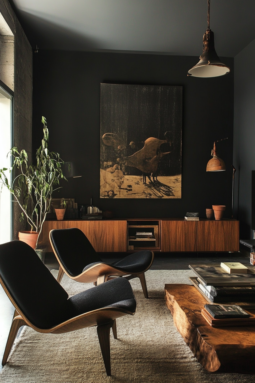 12. Mid-Century Modern Sophistication (Black Living Room Ideas) - Black Living Room Ideas