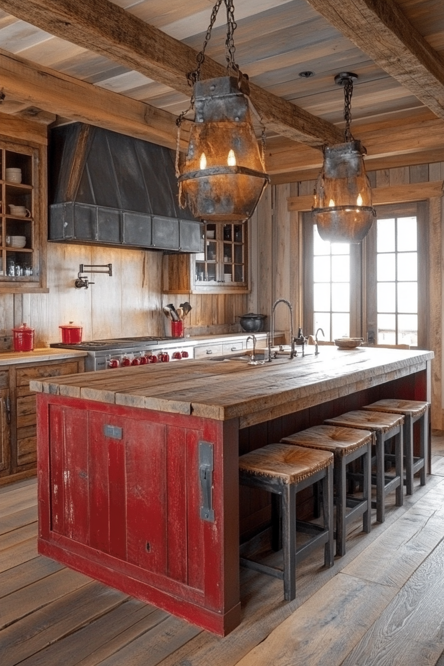 17. Classic Barn Red Accent (Rustic Kitchen Island Ideas) - Rustic Kitchen Island Ideas