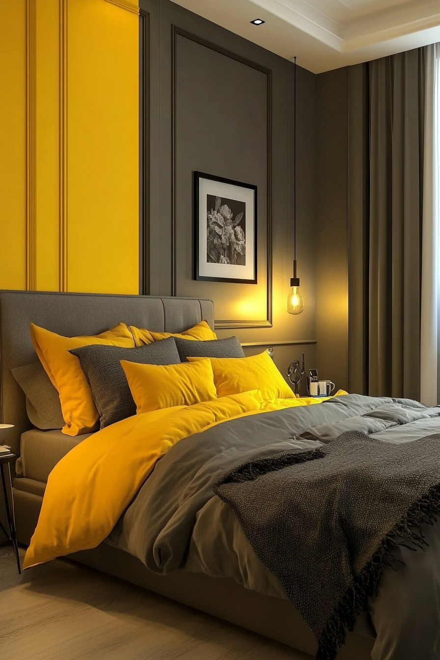 18. Golden Accent Paneling (Yellow And Gray Bedroom Ideas) - Yellow And Gray Bedroom Ideas