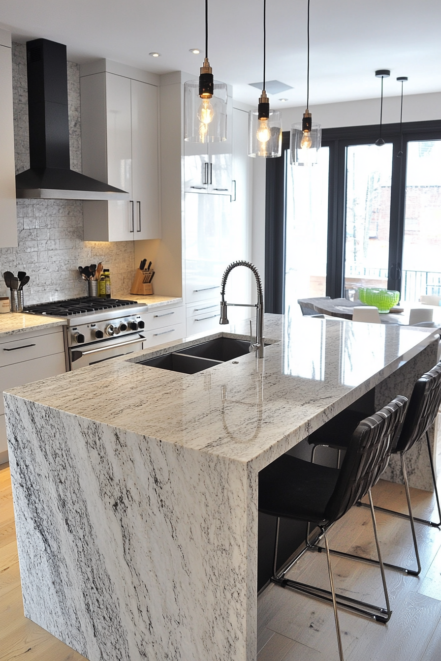 14. Artistic Waterfall Edge (Granite Countertops Kitchen Ideas) - Granite Countertops Kitchen Ideas