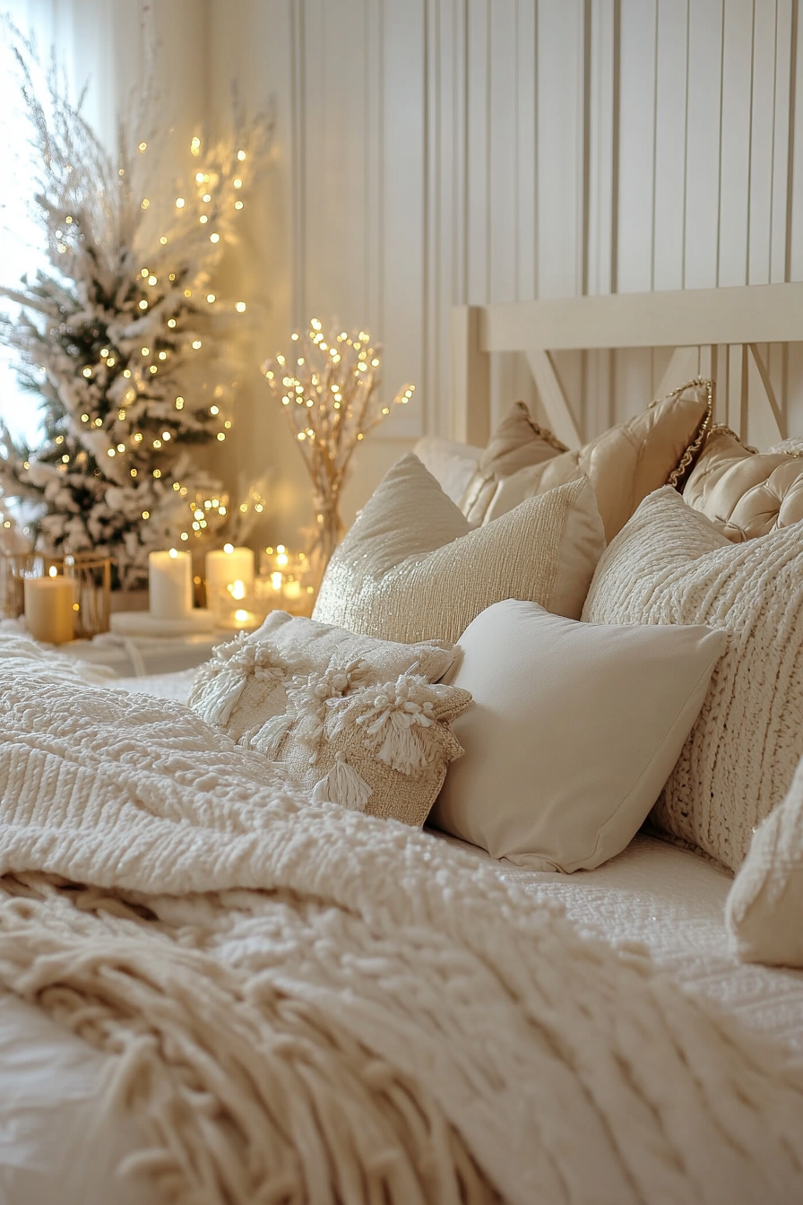 3. Elegant Gold & Ivory Glow (Christmas Bedroom Ideas) - Christmas Bedroom Ideas