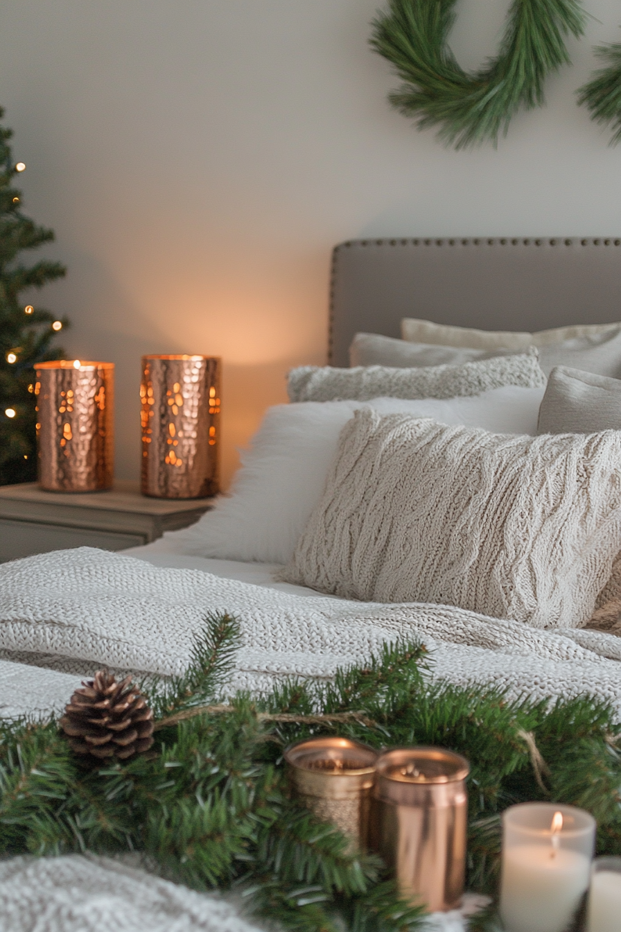 20. Copper & Evergreen Glow (Christmas Bedroom Ideas) - Christmas Bedroom Ideas