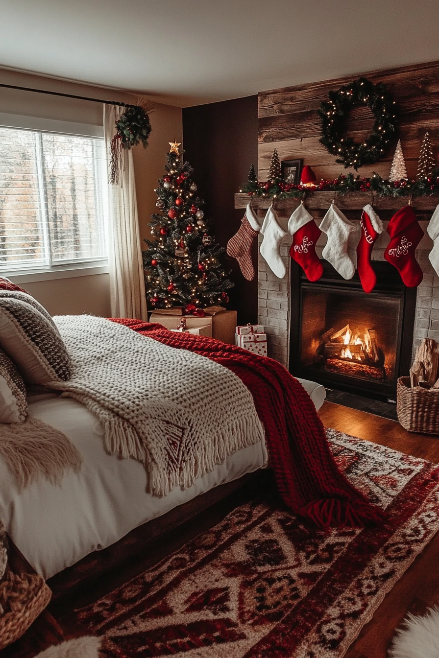 22. Fireside Christmas Cabin (Christmas Bedroom Ideas) - Christmas Bedroom Ideas