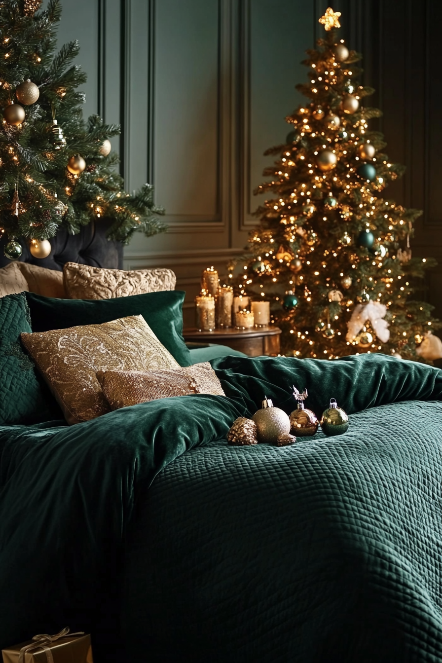 23. Midnight Evergreen Glam (Christmas Bedroom Ideas) - Christmas Bedroom Ideas