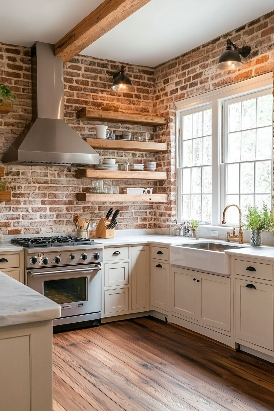9. Exposed Brick Walls (Farmhouse Kitchen Ideas) - Farmhouse Kitchen Ideas