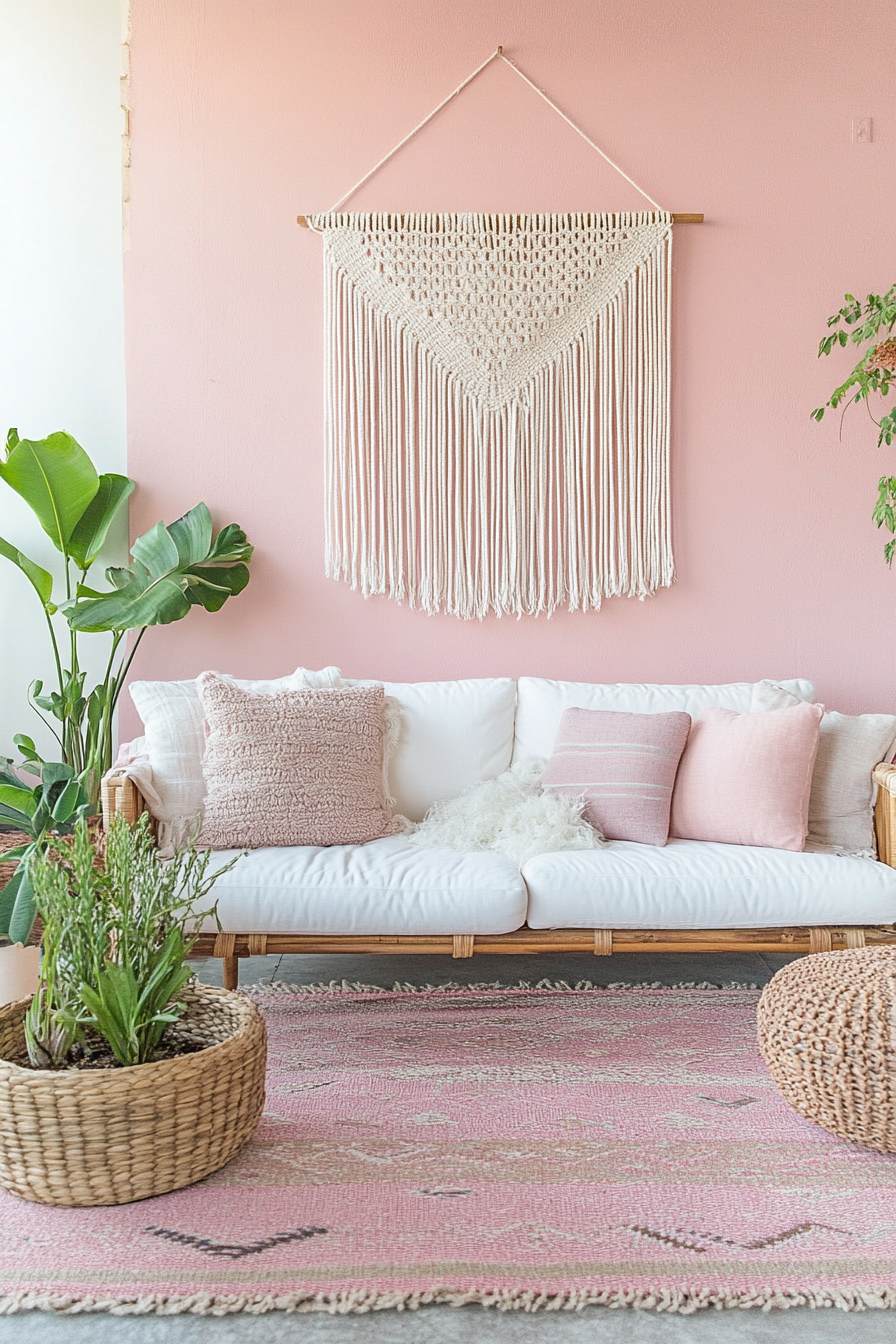 5. Pastel Pink Bohemian Haven (Pink Living Room Ideas) - Pink Living Room Ideas
