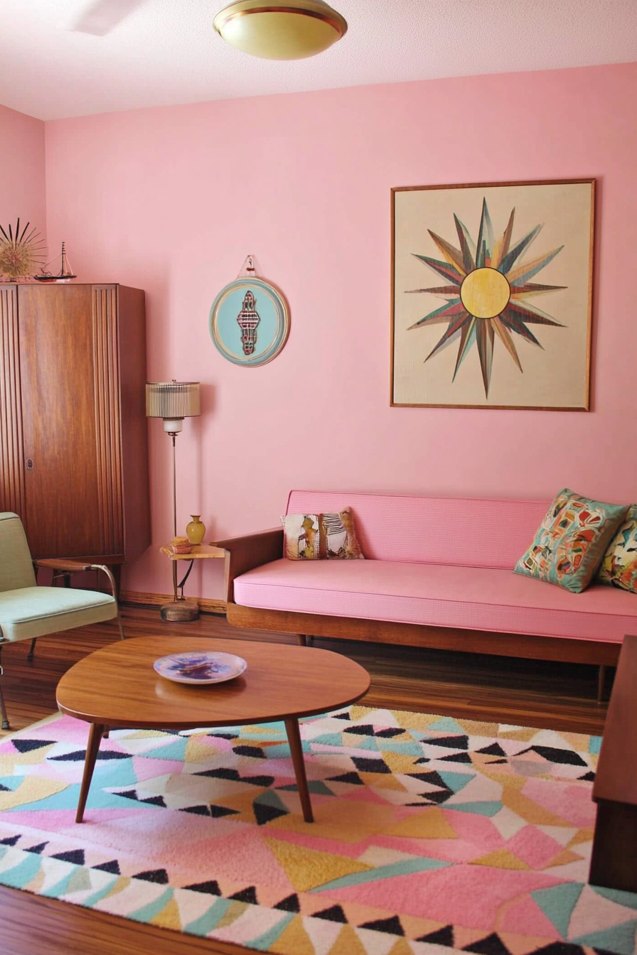 12. Coral Pink Mid-Century Charm (Pink Living Room Ideas) - Pink Living Room Ideas