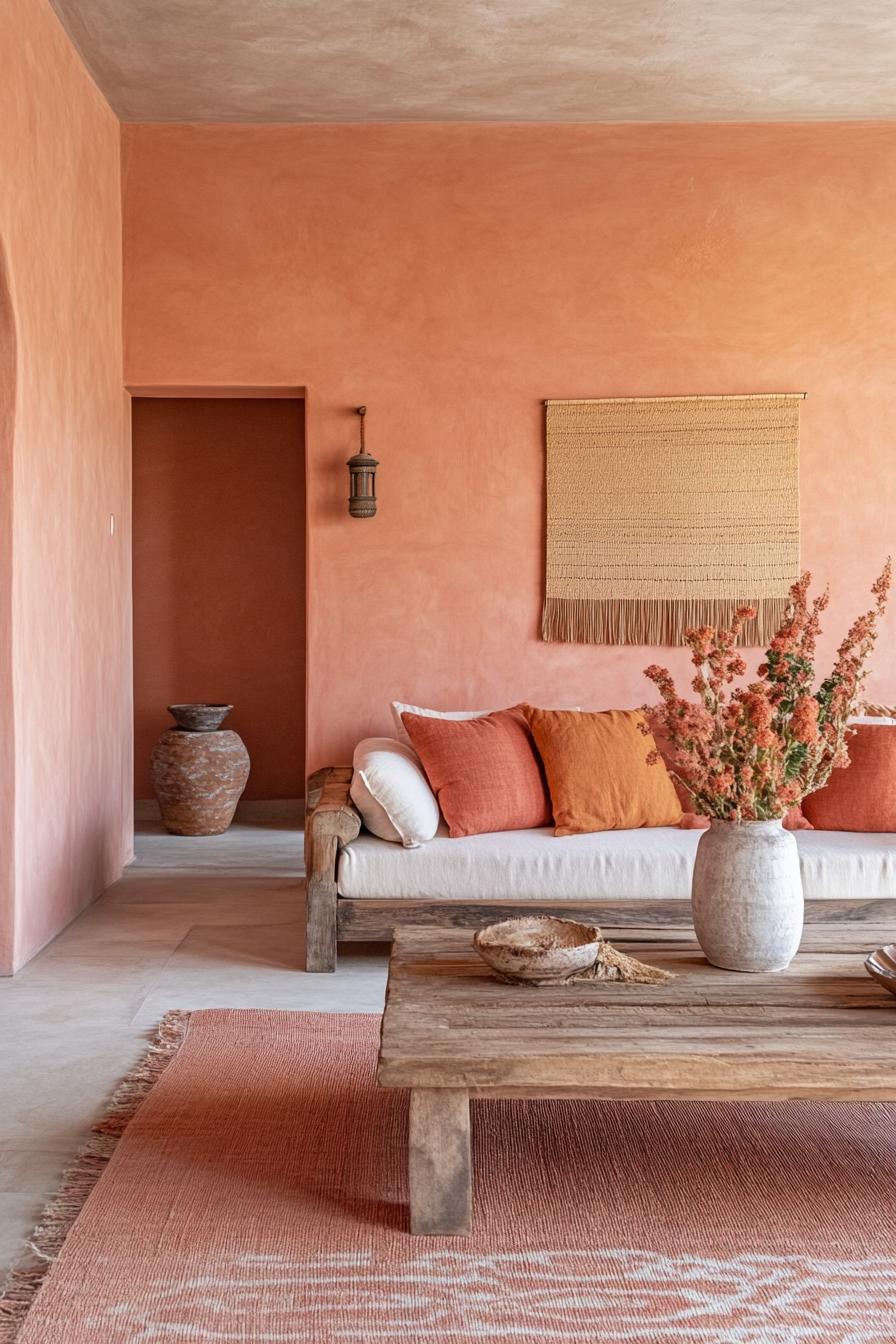 17. Coral Blush Mediterranean Vibes (Pink Living Room Ideas) - Pink Living Room Ideas