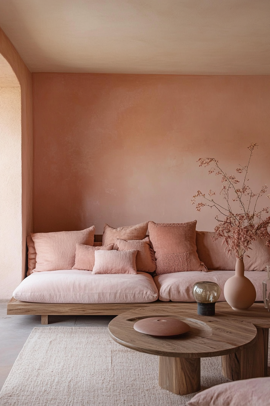 21. Blush and Caramel Layers (Pink Living Room Ideas) - Pink Living Room Ideas