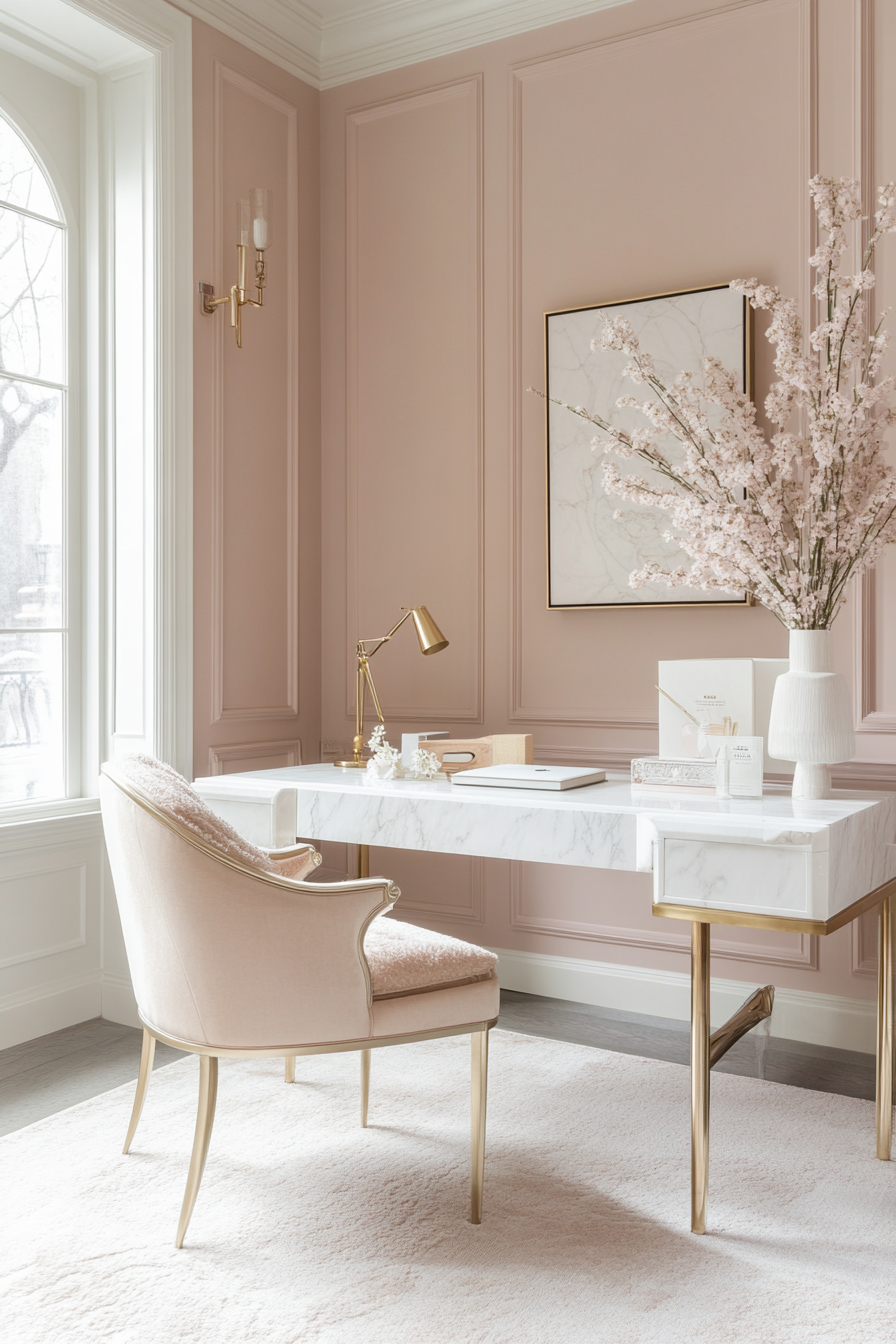 1. Blush Elegance Workspace (Pink Office Ideas) - Pink Office Ideas