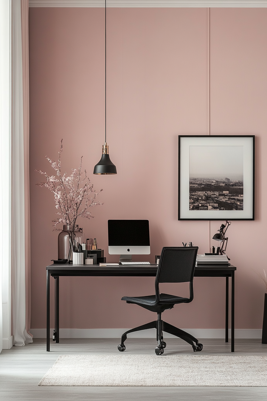 19. Blush & Charcoal Contrast Office (Pink Office Ideas) - Pink Office Ideas