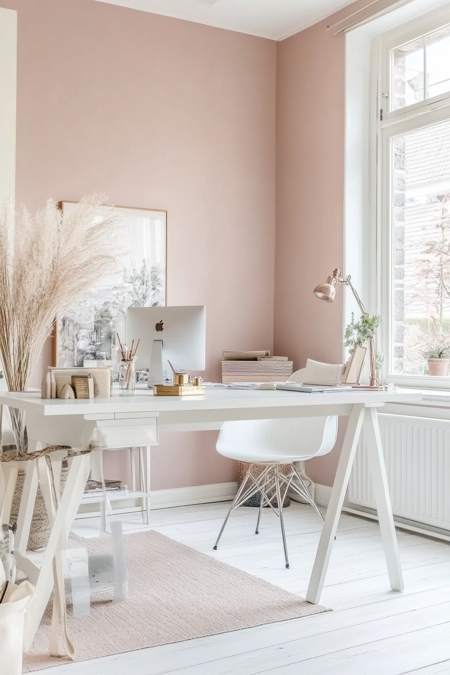 20. Pale Pink Scandinavian Workspace (Pink Office Ideas) - Pink Office Ideas