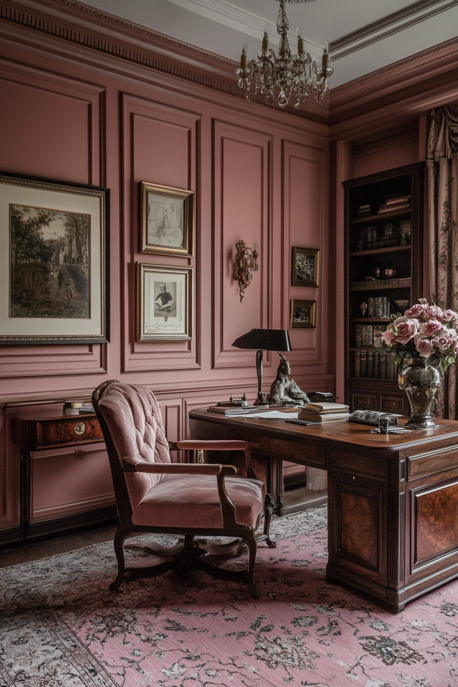 23. Antique Rose Sophisticated Study (Pink Office Ideas) - Pink Office Ideas