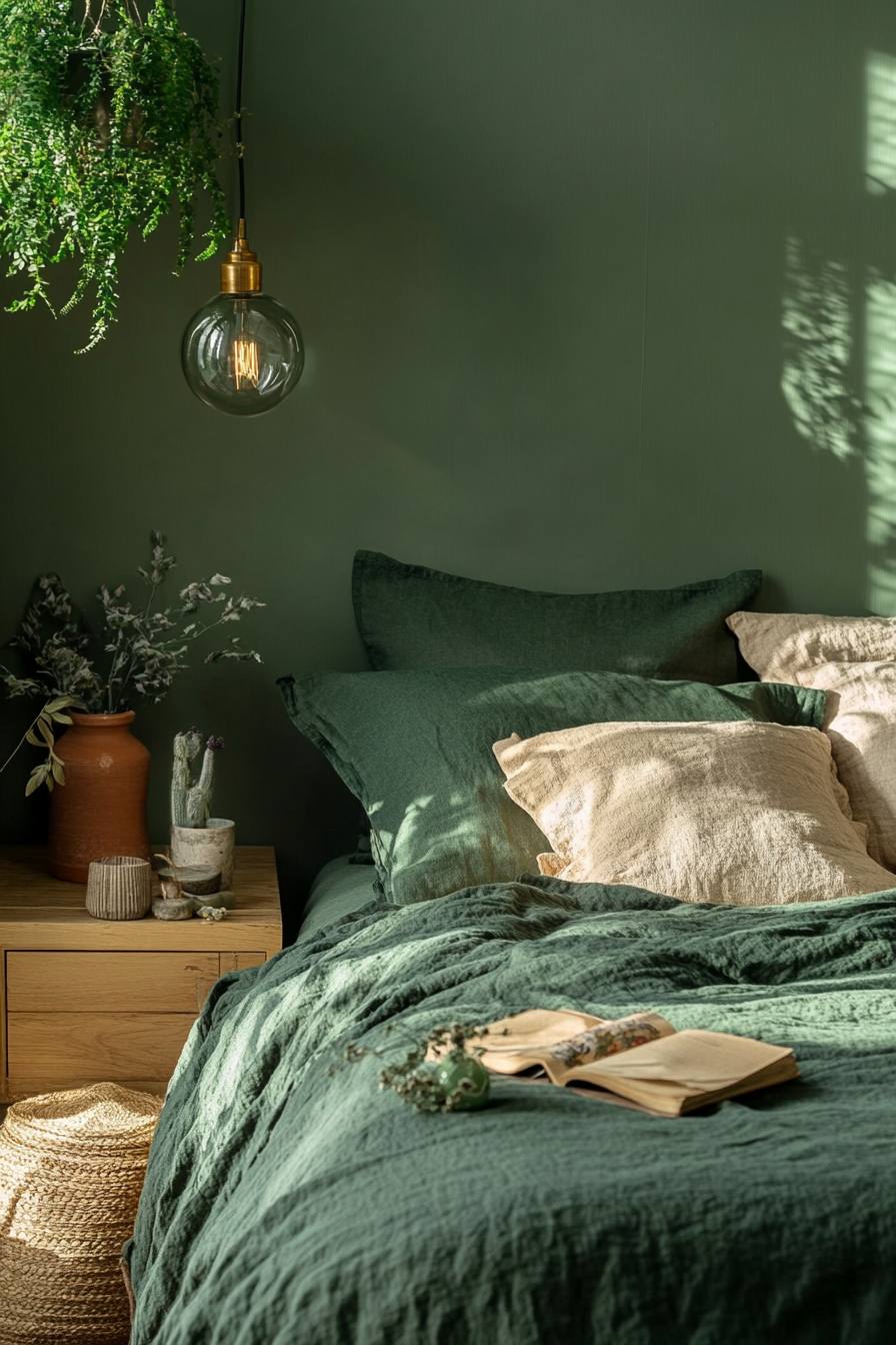 11. Earthy Green Sanctuary (Dark Green Bedroom Ideas) - Dark Green Bedroom Ideas