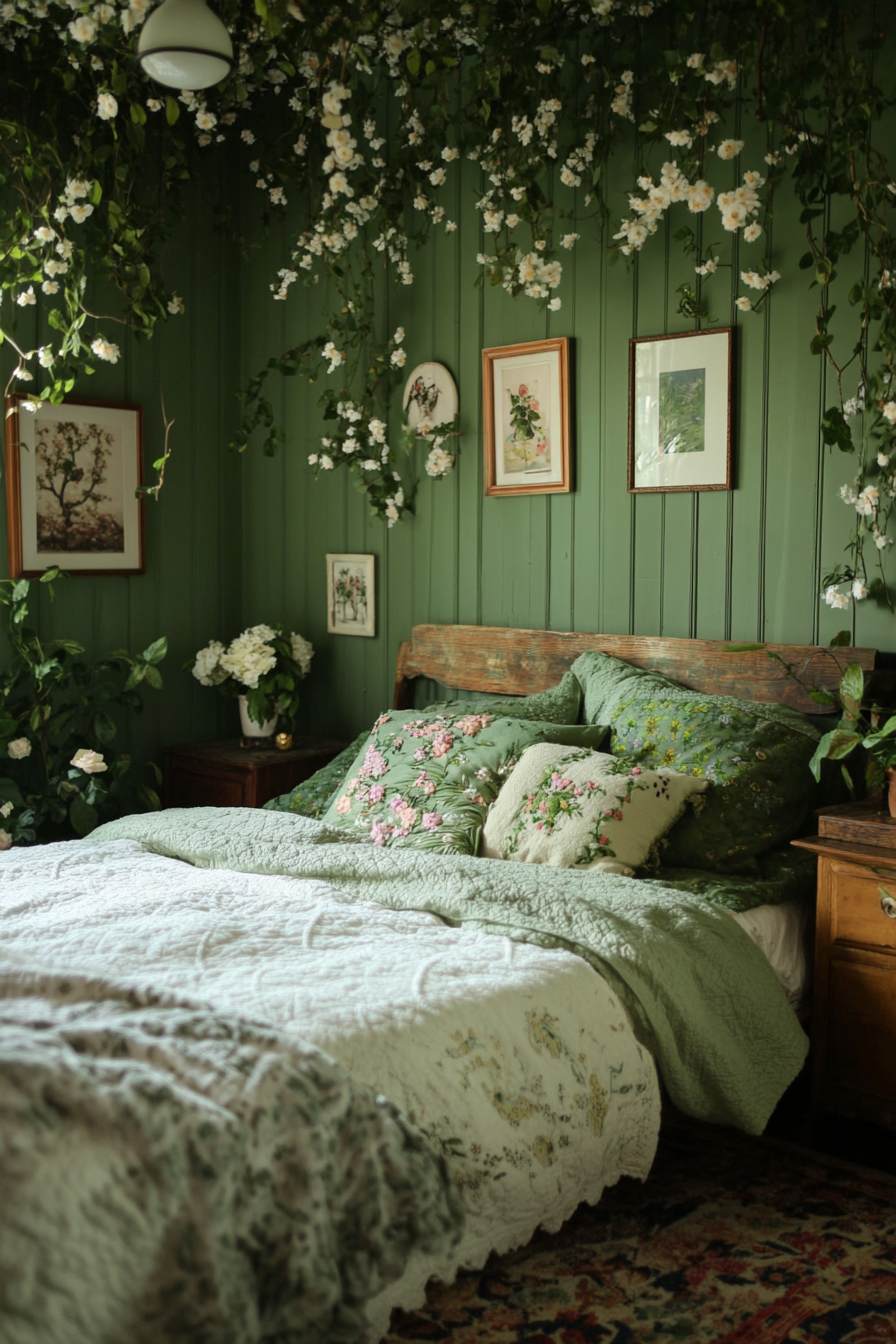 16. Mossy Cottage Core (Dark Green Bedroom Ideas) - Dark Green Bedroom Ideas