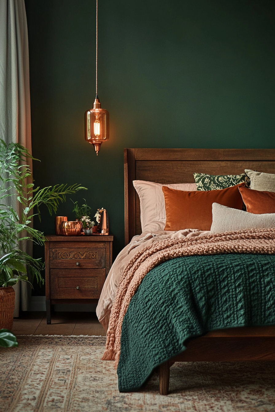 17. Deep Green & Copper Accents (Dark Green Bedroom Ideas) - Dark Green Bedroom Ideas