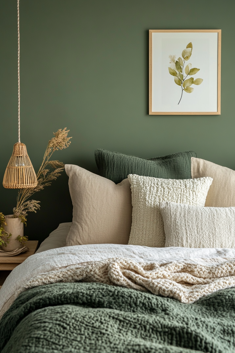 21. Muted Green & Beige Balance (Dark Green Bedroom Ideas) - Dark Green Bedroom Ideas