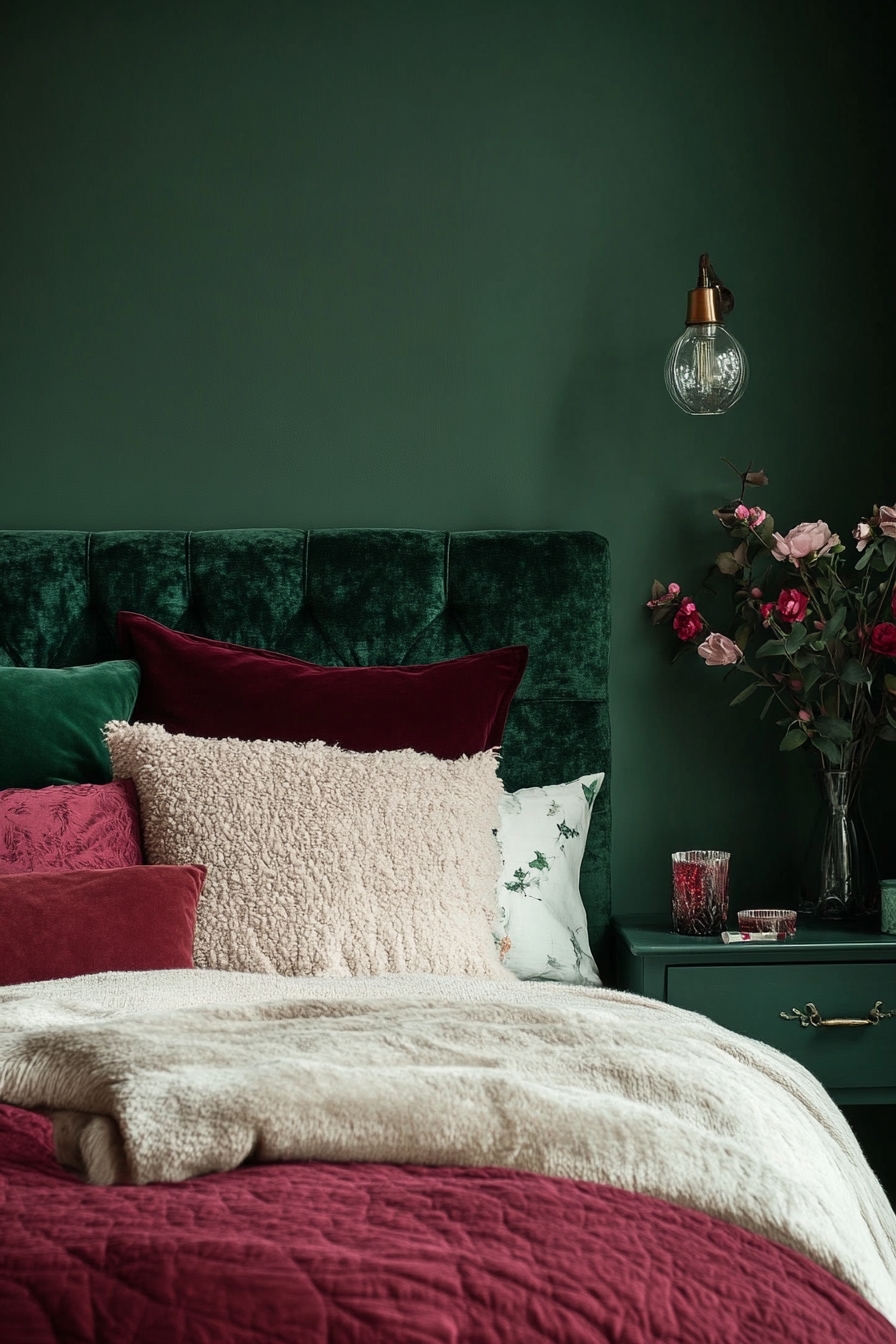 26. Dramatic Dark Green & Burgundy (Dark Green Bedroom Ideas) - Dark Green Bedroom Ideas