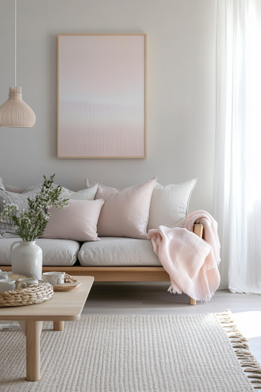 13. Japandi Serenity (Grey And Pink Living Room Ideas) - Grey And Pink Living Room Ideas