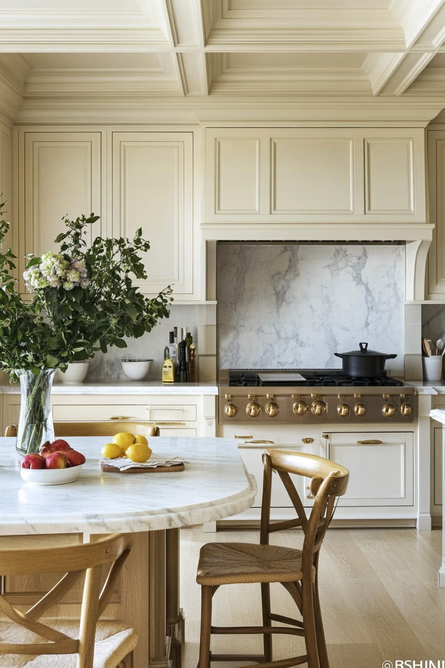 27. Crisp Ivory & Brass Accents (Classic Kitchen Ideas) - Classic Kitchen Ideas