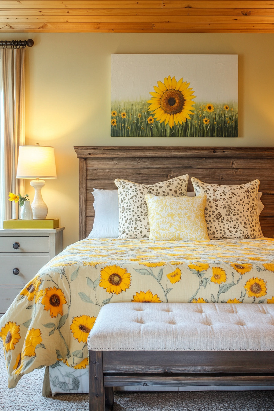 1. Golden Farmhouse Retreat (Sunflower Bedroom Ideas) - Sunflower Bedroom Ideas