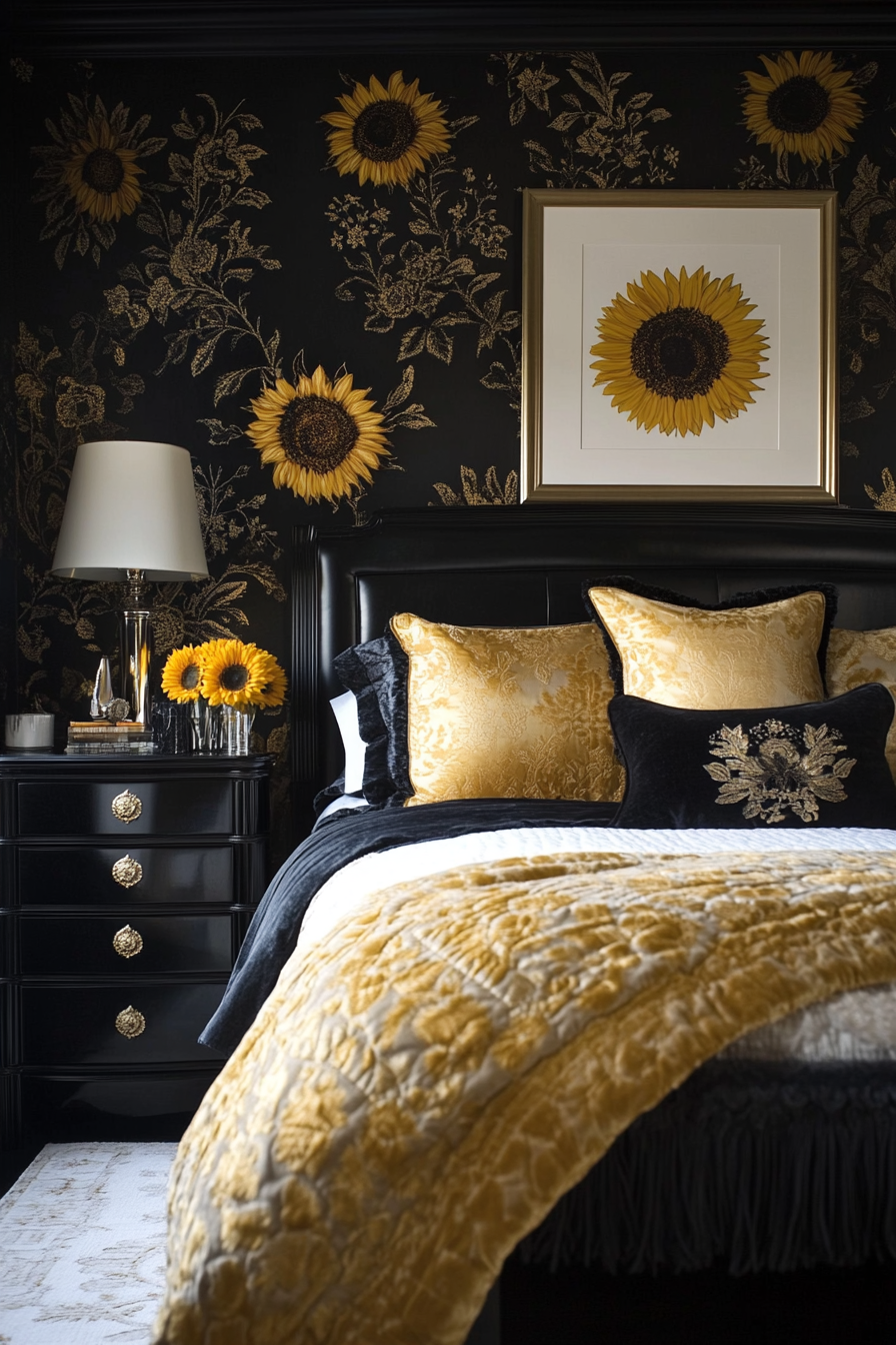 10. Black and Gold Sunflower Luxe (Sunflower Bedroom Ideas) - Sunflower Bedroom Ideas