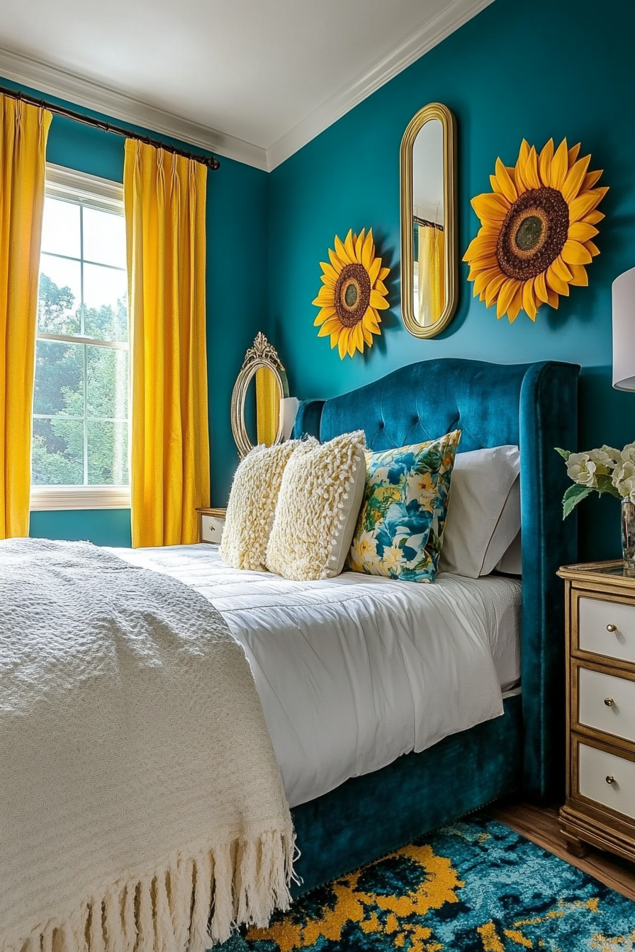 15. Sunflower and Teal Harmony (Sunflower Bedroom Ideas) - Sunflower Bedroom Ideas