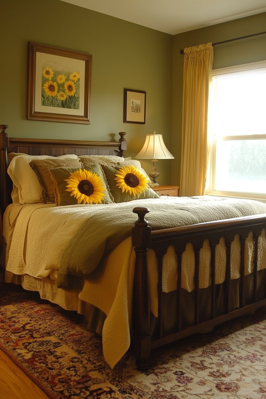 24. Sunflower and Olive Green Serenity (Sunflower Bedroom Ideas) - Sunflower Bedroom Ideas