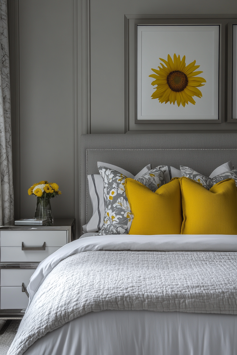 26. Sunflower and Soft Gray Sophistication (Sunflower Bedroom Ideas) - Sunflower Bedroom Ideas