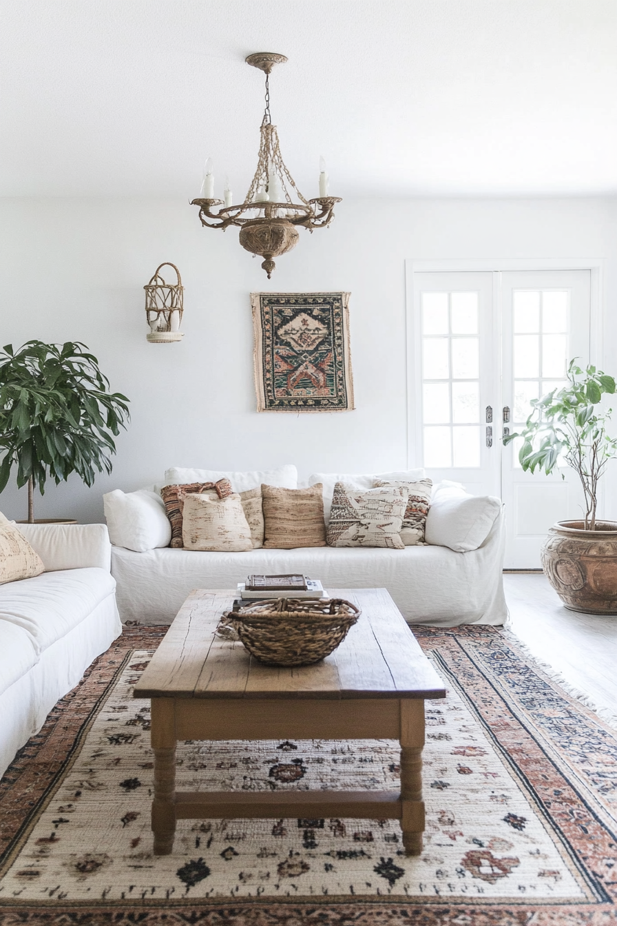 26. Layered Boho White (White Living Room Ideas) - White Living Room Ideas