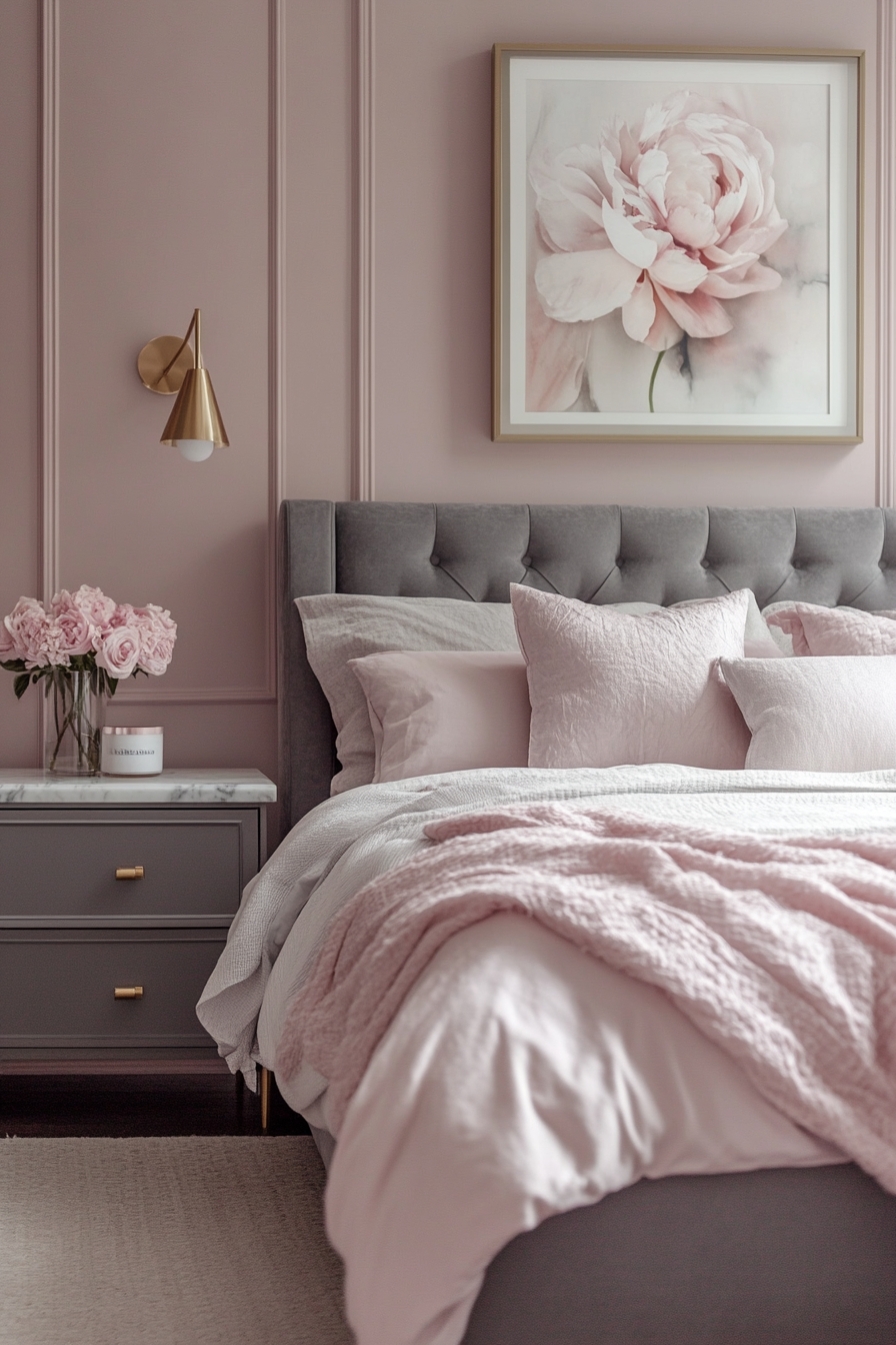 1. Blush and Charcoal Elegance (Pink And Grey Bedroom Ideas) - Pink And Grey Bedroom Ideas
