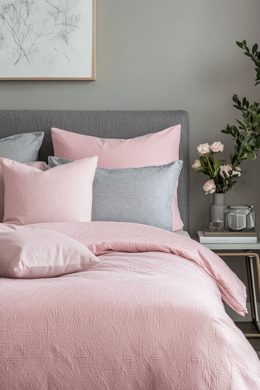 4. Muted Pink and Cool Grey Minimalism (Pink And Grey Bedroom Ideas) - Pink And Grey Bedroom Ideas