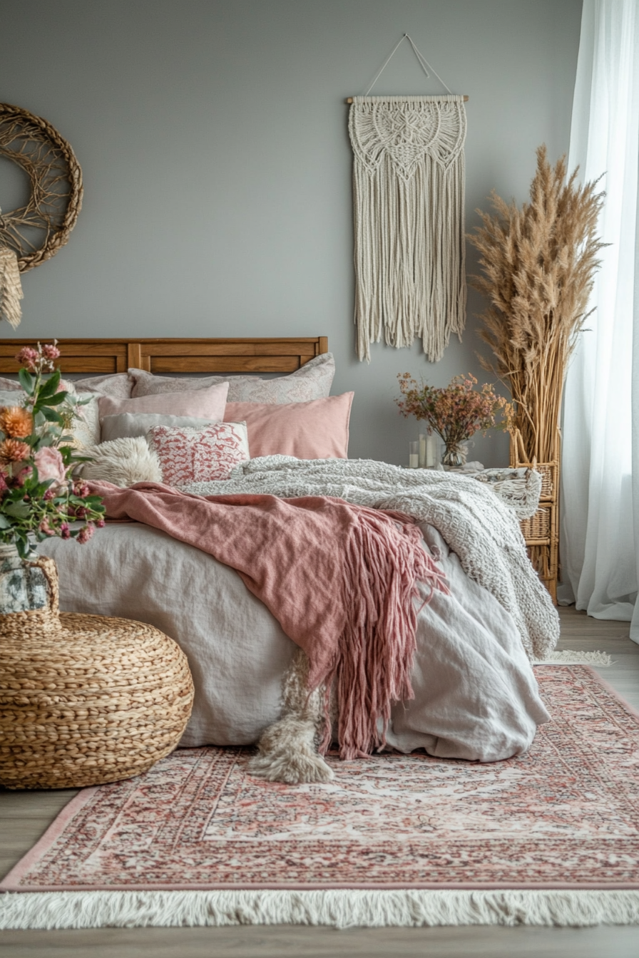 7. Rosewood and Ash Boho Retreat (Pink And Grey Bedroom Ideas) - Pink And Grey Bedroom Ideas
