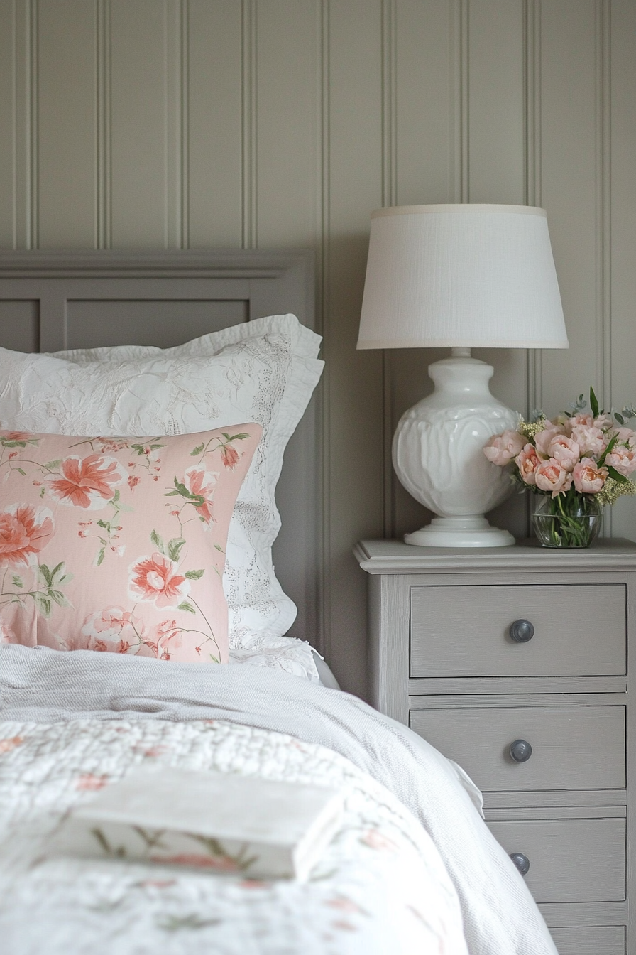 17. Peach-Pink and Fog Grey Cottage Chic (Pink And Grey Bedroom Ideas) - Pink And Grey Bedroom Ideas