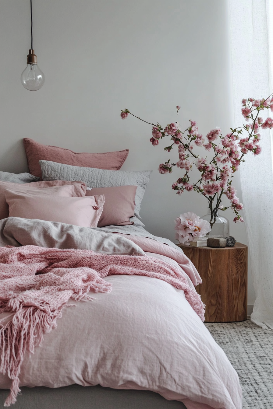 21. Blossom Pink and Shadow Grey Earthy Balance (Pink And Grey Bedroom Ideas) - Pink And Grey Bedroom Ideas